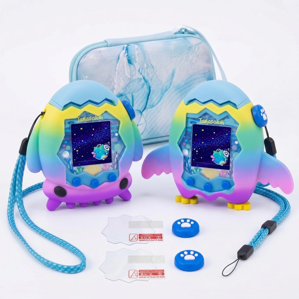 9 Pcs Set Silicone Case for Tamagotchi Paradise - Penguin & Octopus Design with Storage Box & 2 Button Cap & 2 Screen Protector & Lanyards - Protective Cover Case for Tamagotchi Pet Accessories