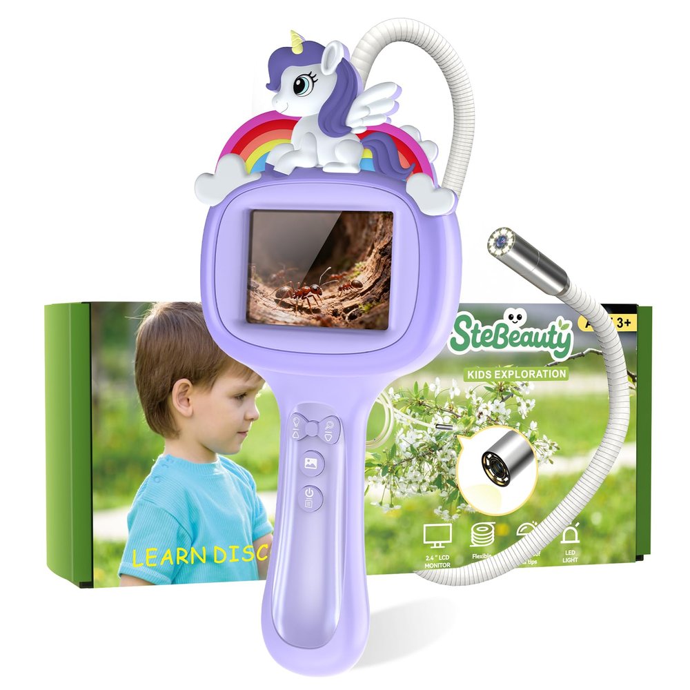 Borescope Toy with Light for Kids, 1920P HD Unicorn Endoscope STEM Science Educational Toys for 4-10, Snake Wildlife Camera with 2.4" LCD, Best Birthday Gift for Outdoor Adventures, Nature Activities