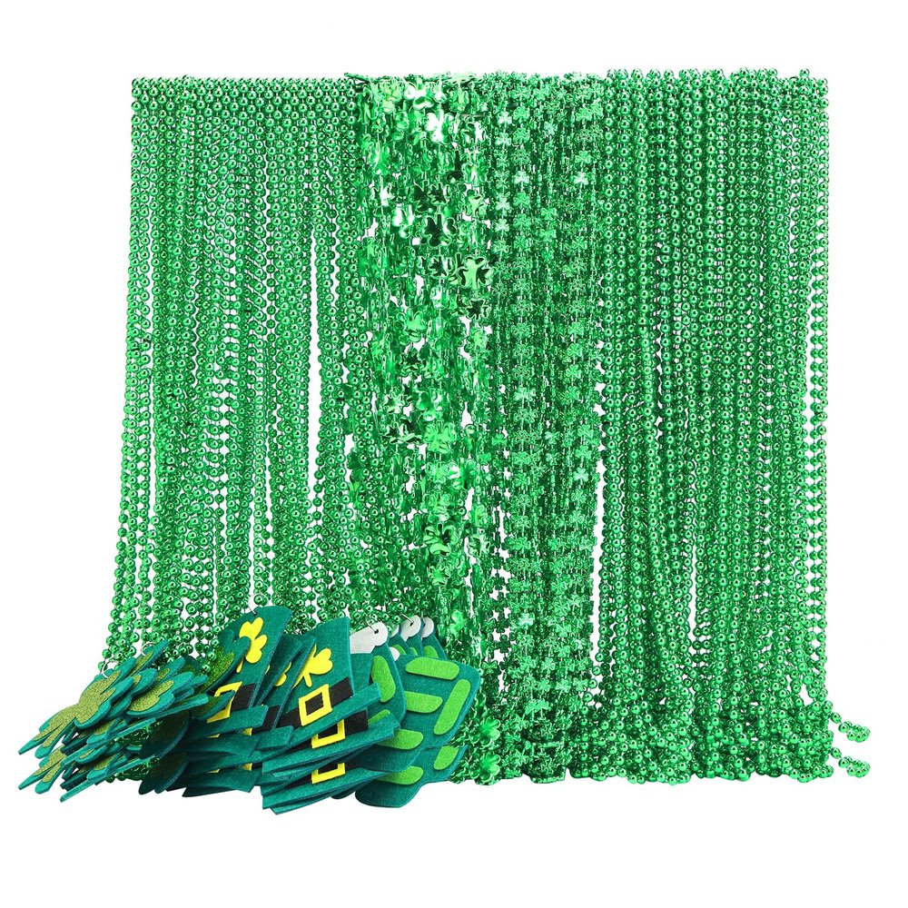 Becfupo 200 Pack St. Patricks' Day Beads Necklaces Bulk, Shamrock Necklaces Green Beaded Necklaces With Pendants For Irish St. Patricks Party Decorations