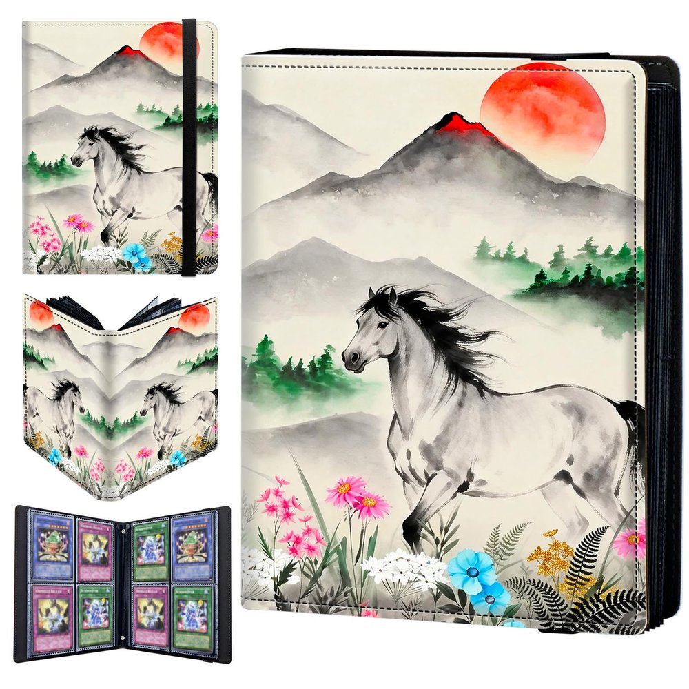 4 Pocket Trading Card Binder 160 Side Loading Pocket Album with Mountain Flowers Horse Pattern Design Card Binder for Sports Cards & Game Cards