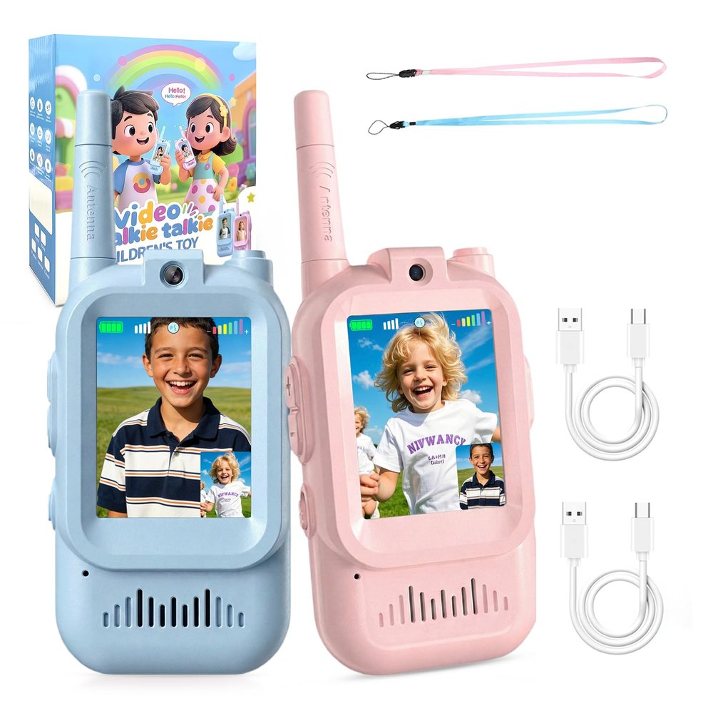 Kids Video Walkie Talkies, Pair of 2 with 300M Range, Portable Handheld Video Call Toy for Ages 3-12, for Christmas, Birthday, Outdoor CampingBlue+Pink