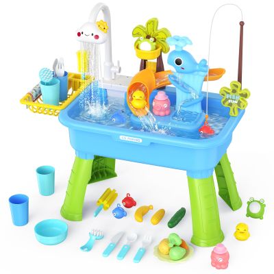 GGRH 2026 Upgraded Water Table for Toddlers 1-3 - Outdoor Toys for Kids Ages 4-8 with Pump, Summer Outside Sensory Activity Pool Toys, Kitchen Play Sink Toy with Running Water, Fishing Toy, Blue