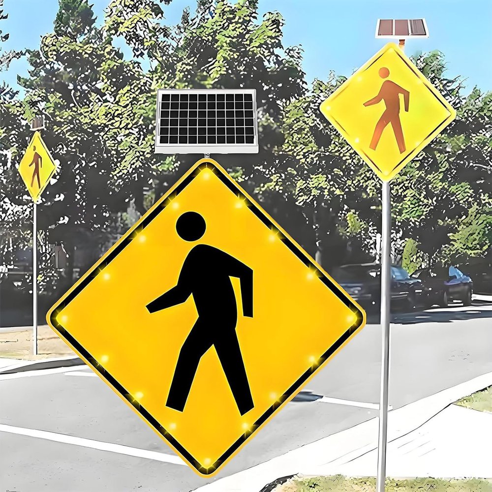 Kindevieft 24"/30" Solar Pedestrian Crossing Sign Flashing,Street Traffic Warning Sign with Solar Powered, Aluminum Ip65 Weatherproof Crosswalk Signs for Urban Road, School 24in