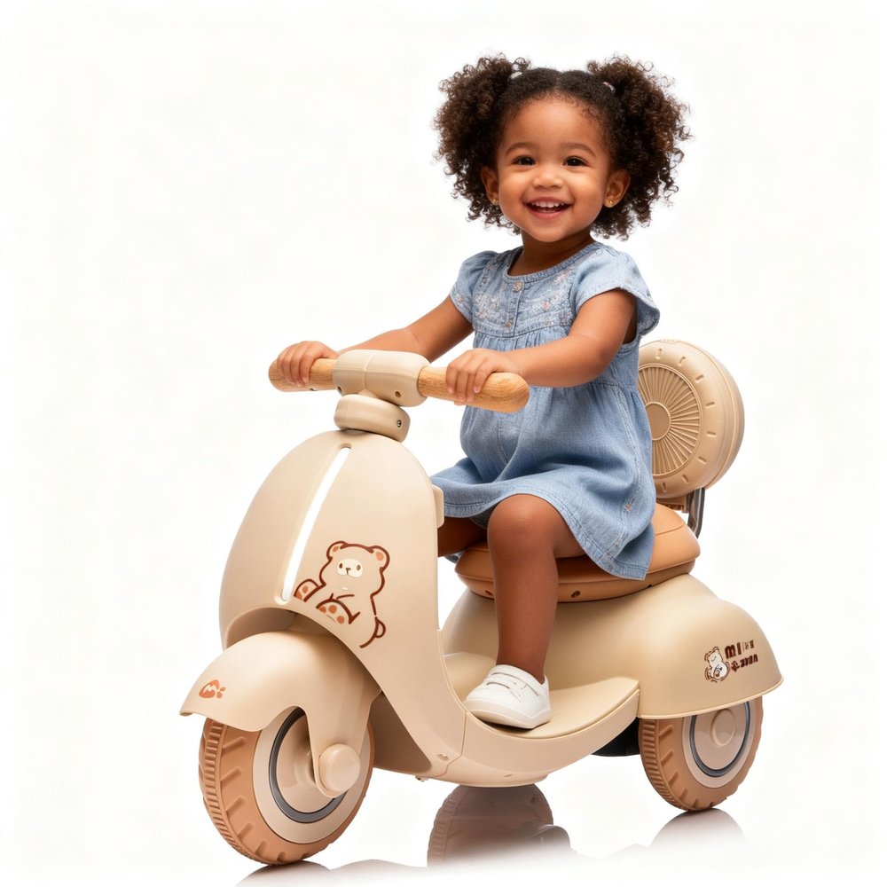 12V Kids Ride On Electric Motorcycle Toddler Scooter - 3-Wheel Stable, Parent Remote, Wooden Handle, Dual Motor Soft Start, Anti-Slip Wheels, Bluetooth Lights, ASTM/CPC for 3-6 Years (Beige)