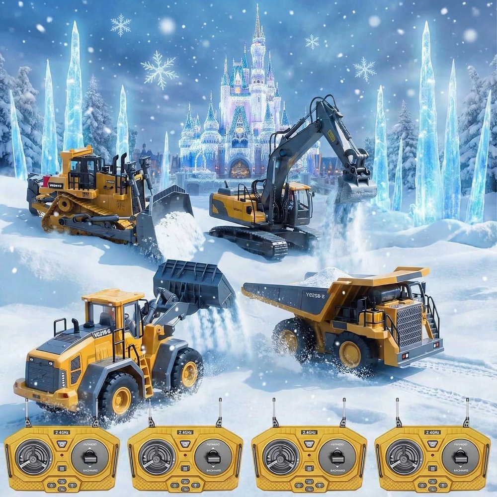 Mudsterz Construction Rc Set of 4, Remote Control Excavator Set,360 Rotation Rechargeable 2.4ghz Remote Control Construction Vehicles with Cool LED Lights,Metal Parts,Real Sound(4-Piece Set)