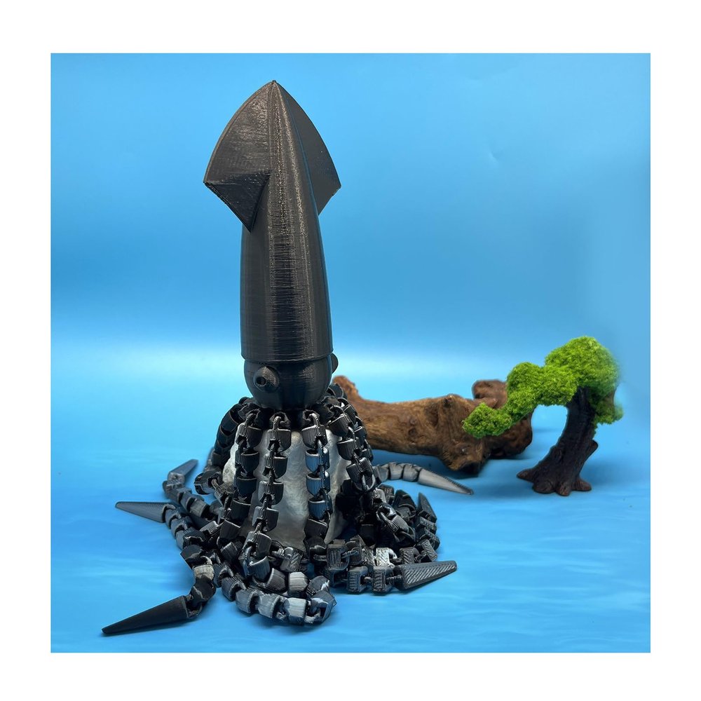 3D Printer Toys Fidget Animals Deep Sea Squid 32cm/12.6in Articulated for Home Office Executive Desk Decoration Surprise Fantasy Gifts-Black Silver