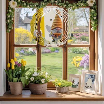 Rustic Dwarf Bees Daisy Flower Honey Round Wind Spinner 8", 3D Stainless Steel Wind Spinners for Yard and Garden Welcome Word Yellow Flax Indoor Outdoor Metal Hanging Craft Ornaments for Porch Lawn