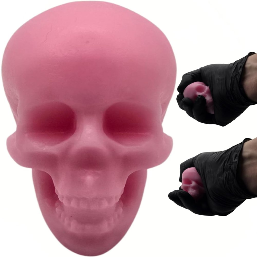 Handmade Skull Buddy Sensory Stress Ball, Pink Silicone Squishy Fidget Toy, Anxiety Relief Desk Companion, Hand Strength Excercise (Shore A 6-8 Hardness)