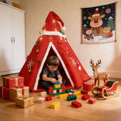 Christmas Kids Playhouse with Decorations and Lights, DIY Play Tent Indoor for Children, Teepee Tent as for Kids, Play Tent as a Private Space for Girls and Boys (RED, L)