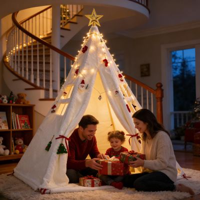 Christmas Kids Playhouse with Decorations and Lights, DIY Play Tent Indoor for Children, Teepee Tent as for Kids, Play Tent as a Private Space for Girls and Boys (White, L)