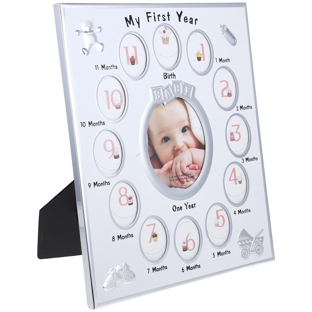 ARTSEWPLY 12 Months Photo Frame Growth Record Keepsake Frame for Newborn with White Display Rack for First Year Pictures and Birthday Memories