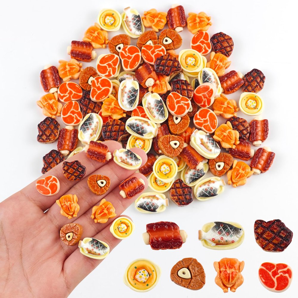100 Pieces Tiny Meat for Dollhouse Miniatures Resin Food for Crafts Mini Food Decor for Dollhouse Mini Kitchen Fairy Garden Micro Landscaping Decoration