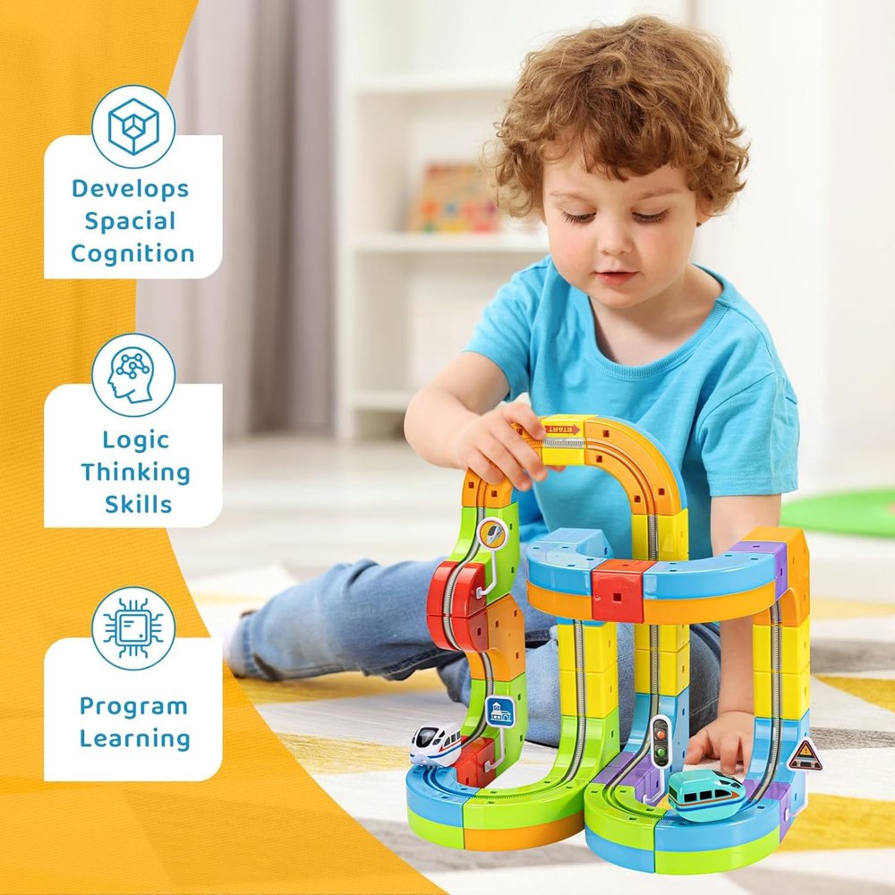 Electric Train Set Flexible Race Track for Kids 4 5 6 7 8, Car Track for Toddlers 3-5, Building Toy Train Track Gravity-Defying 3D Embedded Layouts & Motorized Car, STEM Learning Gift (Mixed)