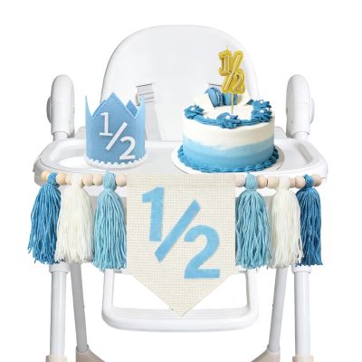 1/2 Birthday High Chair Banner - 3PCS Half Birthday Decorations with Crown Birthday Hat And Cake Candle, Blue Half Way To One Baby Boy for Happy Half Year Party Photoshoot PropsBlue