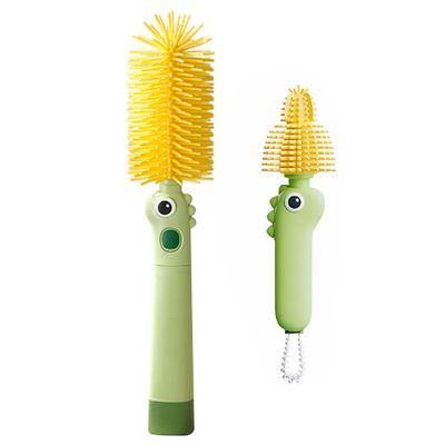 2-Pack Baby Bottle Brush, Dinosaur Theme 2-Size Silicone Bristles for Cleaning Baby Bottles, Sippy Cups, Travel & Home Use, Green