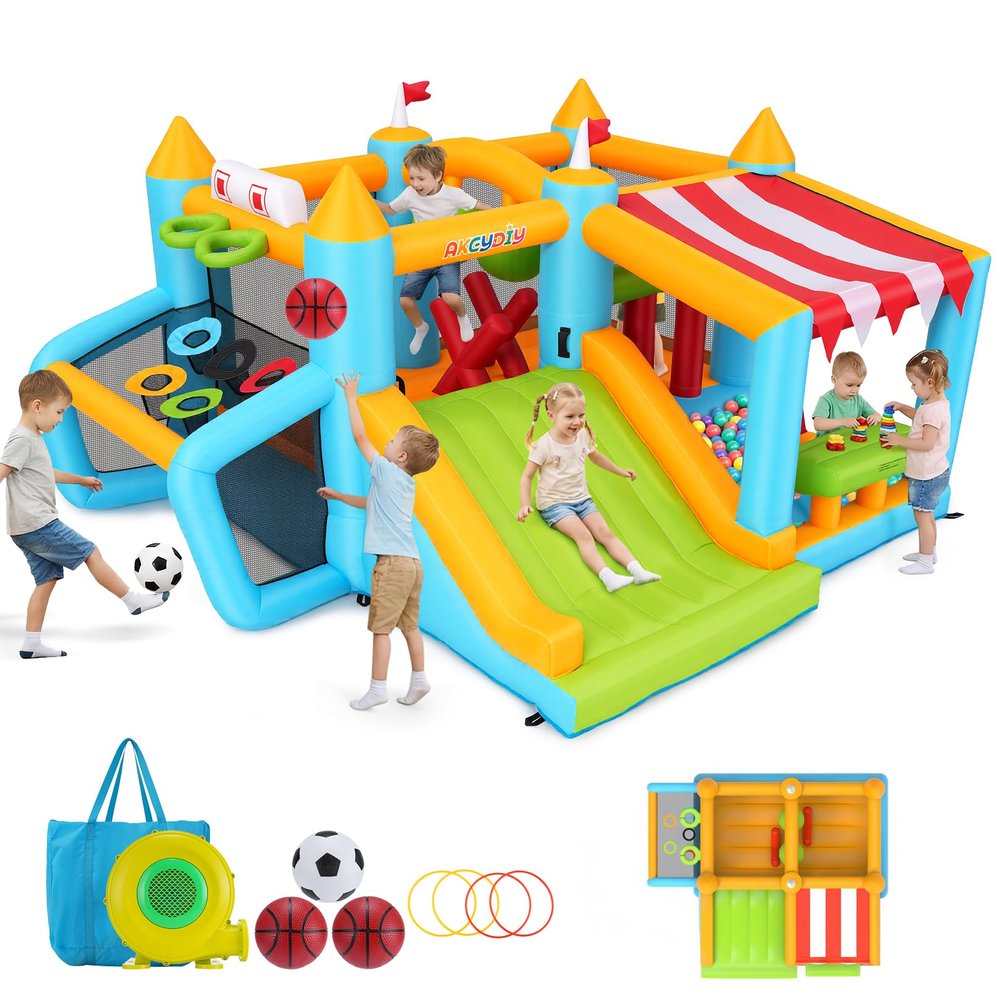 AKEYDIY Bounce House, 10-in-1 Inflatable Bouncy House Obstacle Course for Kids 3-12,Outdoor/Indoor with Obstacle Jump Area, Side, Toy Market Stand Football Shooting, Ball Pit,Air Blower Include