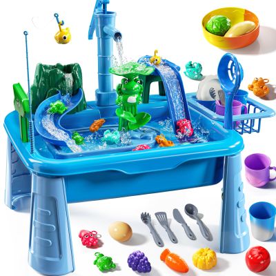 Water Table Play Sink Toy for Kids 2 3 4 5 6 Years Old - Outdoor Kitchen with Running Water, Fishing Games, Toddler Water Play Table for Kids Ages 3-8, Beach Outdoor Toys, Birthday Gifts 2+ 3-5 (Blue)