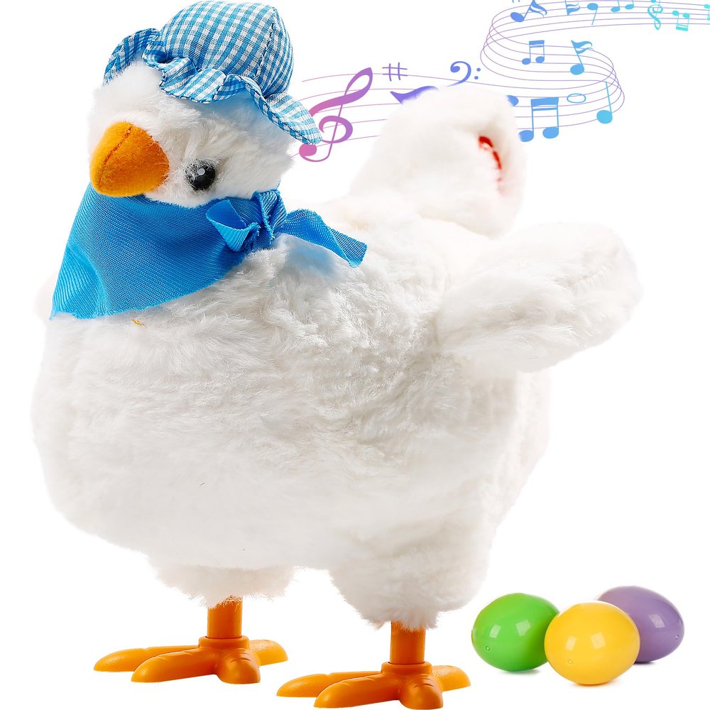 AOSUYOU Singing Egg Laying Chicken Toy - Electric Plush Interactive Toy for Kids Easter Holiday Birthday Gift,White