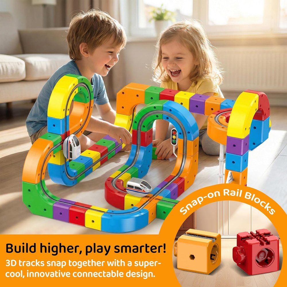 Electric Train Set Flexible Race Track for Kids 4 5 6 7 8, Car Track for Toddlers 3-5, Building Toy Train Track Gravity-Defying 3D Embedded Layouts & Motorized Car, STEM Learning Gift (Rainbow)
