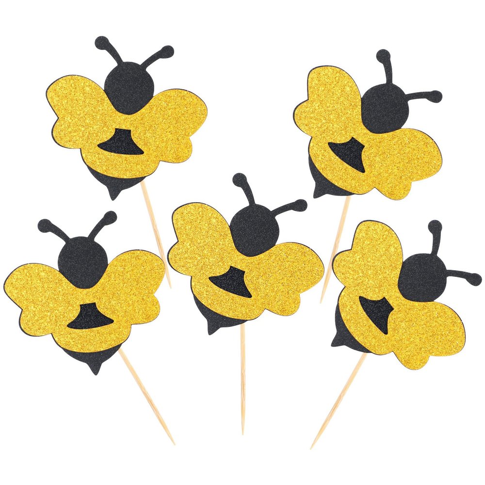 FESTFENDS Bee Cupcake Picks and Dessert Toppers 30Pcs Paper Cake Picks for Party Decorations Non-Edible Bee Theme Cake Topper for Birthday and Shower Events
