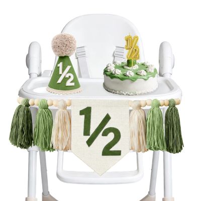 1/2 Birthday Boy High Chair Banner - 3PCS Half Birthday Decorations with Cone Birthday Hat Cake Candle, Half Way to One Decorations Kit for Baby Boy 6 Month Party Photoshoot PropsSage Green