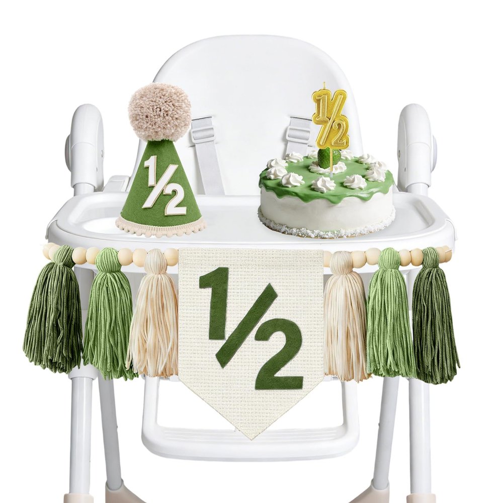 1/2 Birthday Boy High Chair Banner - 3PCS Half Birthday Decorations with Cone Birthday Hat Cake Candle, Half Way to One Decorations Kit for Baby Boy 6 Month Party Photoshoot PropsSage Green