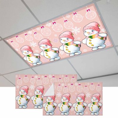 2x4 ft Fluorescent Light Cover for Ceiling Christmas Cartoon Snowman Bauble Magnetic Light Filters, Winter Snowflake on Pink Ceiling Lampshades for Home School Office 2Pcs