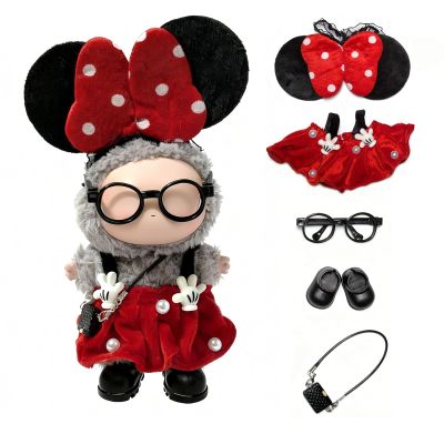 17cm Doll Clothes Set with Glasses Shoes Purse Accessories, Cute Dress Up Outfits for Labubu Doll Decoration Collection (M-Red Dress Set)