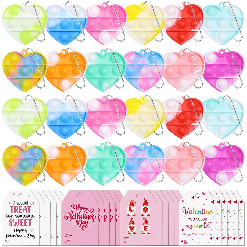 24 Packs Valentine's Day Cards with Pop Fidget Keychain Toys, Stress Anxiety Relief Fidget Toys with Cards for Kids Valentine Classroom Exchange Prizes, Valentine's Day Party Favors(24Pcs)