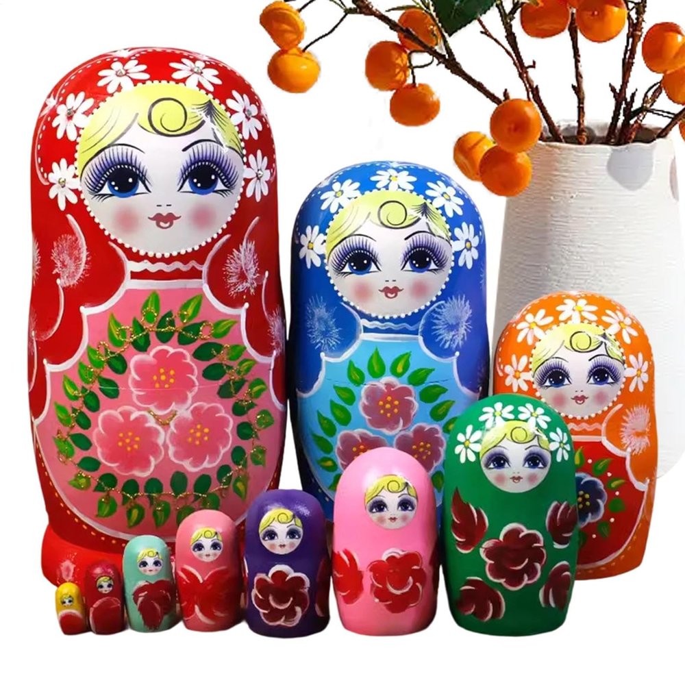 Educational Nesting Dolls - 10 Piece Wooden Cartoon Stacking Toys, HandmaKids Nesting Doll Set | Learning Entertainment Toys