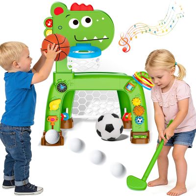 4-in-1 Toddler Basketball Hoop Soccer Goal with Golf Game and Ring Toss, Dinosaur Toys for 1 2 3 Year Old Babies Boys Girls, Kids Sports Toy with Light Sound Music, Xmas Birthday Gifts for Toddlers