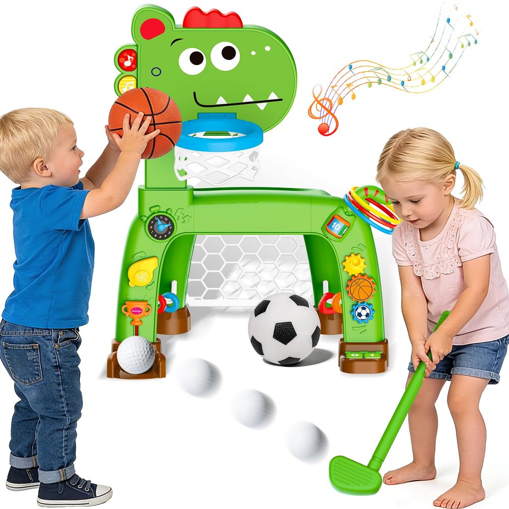 4-in-1 Toddler Basketball Hoop Soccer Goal with Golf Game and Ring Toss, Dinosaur Toys for 1 2 3 Year Old Babies Boys Girls, Kids Sports Toy with Light Sound Music, Xmas Birthday Gifts for Toddlers