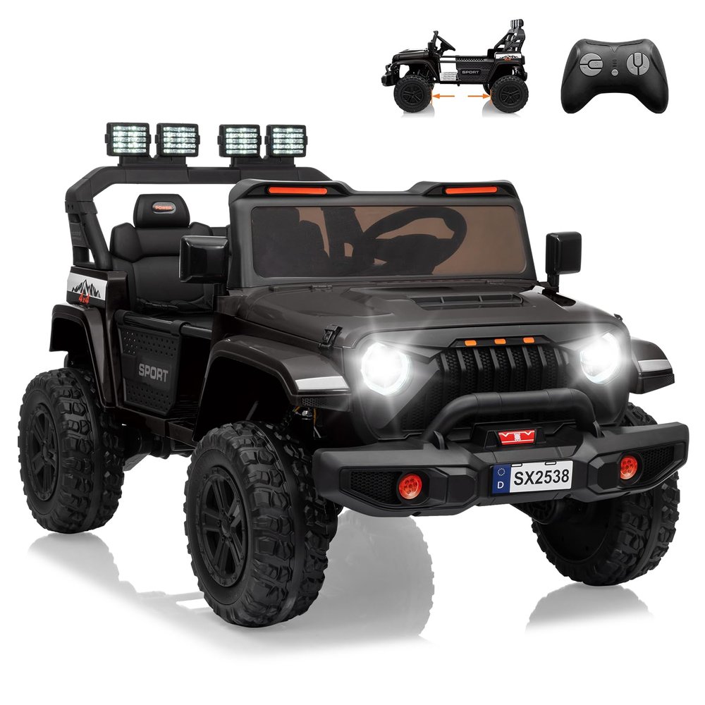 24V Ride on Toy for Big Kids, Adjustable Car Body, 2 Seater Ride on Car, Ride on Truck with Remote Control, 4-Wheeler Suspension, 3 Speeds, LED Lights, Black