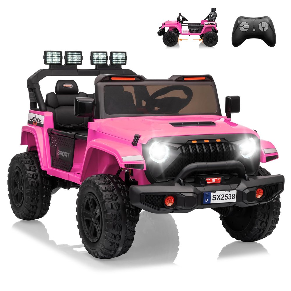 24V Ride on Toy for Big Kids, Adjustable Car Body, 2 Seater Ride on Car, Ride on Truck with Remote Control, 4-Wheeler Suspension, 3 Speeds, LED Lights, Pink