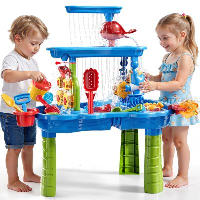 XINNOVEL 3-Tier Sand and Water Table for Kids, Summer Outdoor Beach Outside Backyard Activity Sensory Kids Sand and Water Table, Birthday Gifts for Toddler Boys Girls Ages 3 4 5 6 7 8