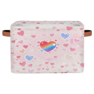 Ethebre Cartoon Style Colorful Love Hearts Storage Basket with Leather Handles, Foldable Fabric Storage Bin Large Collapsible Organizer for Clothes Toys Laundry Bathroom Nursery 15x11x9.5 In