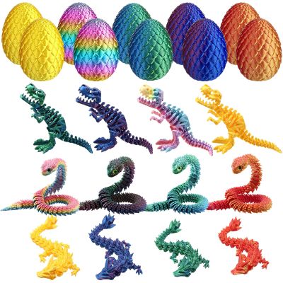 Capoda 12 Pack Easter 3D Printed Eggs with Surprise Figures Inside, Dragons Flexible Snakes Poseable Dinosaurs, Spring Basket Fillers, Desk Decor Fidget Collectibles