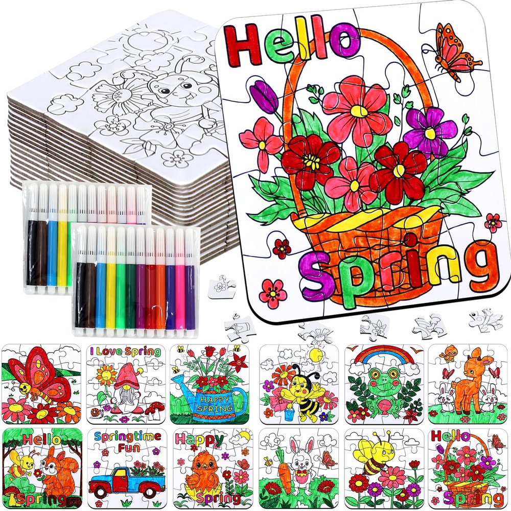24Pcs Spring Arts and Crafts for Kids & Adults Bulk, Spring DIY Craft Puzzle Kit with Flower Butterfly Bee Bunny, Easter Activities Jigsaw for Classroom Party Favors April Gift Break Projects Supplies