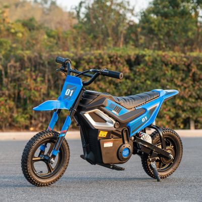 24V Electric Dirt Bike for Kids, 250W Chain Drive Motor, Magnesium Alloy Wheels, Pneumatic Tires, Key Start, Rear Shock, Disc Brake, Blue