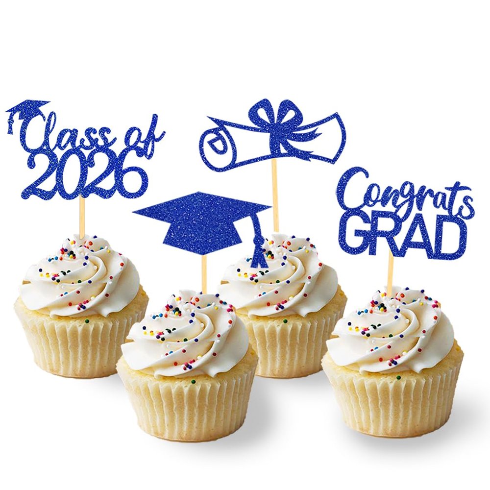 2026 Graduation Theme Cupcake Toppers Glitter Class of 2026 Graduation Cap Diploma Cupcake Picks - Set of 24 (Blue2)