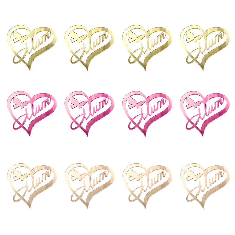 12pcs Acrylic Mothers Day Cupcake Toppers Disc Mirror Gold Heart Cupcake Decoration Butterfly Cupcake Toppers For Mother's Day Party Supplies