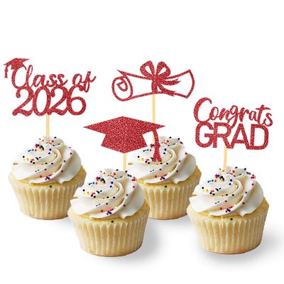2026 Graduation Theme Cupcake Toppers Glitter Class of 2025 Graduation Cap Diploma Cupcake Picks - Set of 24 (Red2)