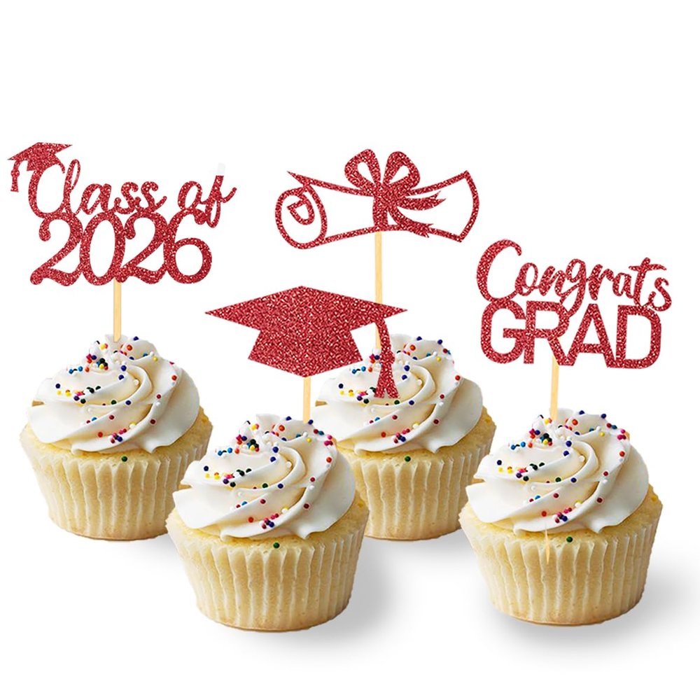 2026 Graduation Theme Cupcake Toppers Glitter Class of 2025 Graduation Cap Diploma Cupcake Picks - Set of 24 (Red2)