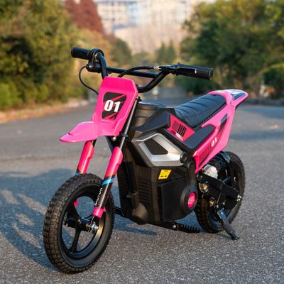 24V Electric Dirt Bike for Girls, 250W Chain Drive Motor, Magnesium Alloy Wheels, Pneumatic Tires, Key Start, Rear Shock, Disc Brake, Hot Pink