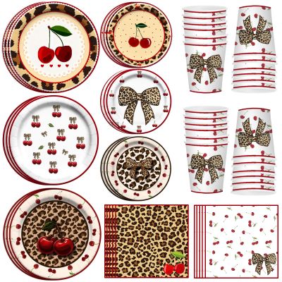 120PCS Cheetah Print Birthday Decorations Plates, Leopard Print Party Paper Plates Napkins and Cups, Leopard Cherry Theme Disposable Dinner Plate Tableware, Animal Print Plates Party Supplies Serve 30