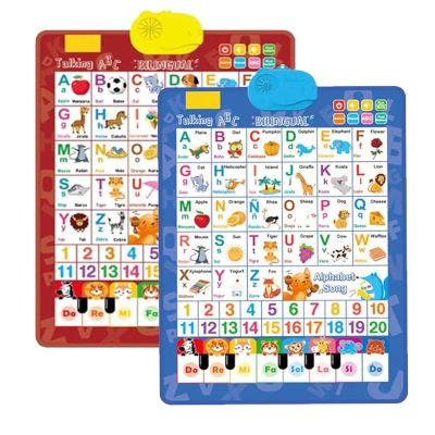 Bilingual Interactive Wall Chart for Kids English & Spanish ABC Song Poster with Sound Effects, Alphabet, Numbers, Animal Words & Piano for Toddlers 1-6 (Blue+Red-01)