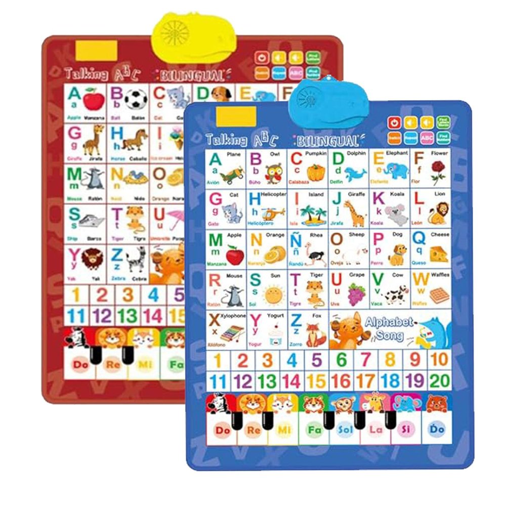Bilingual Interactive Wall Chart for Kids English & Spanish ABC Song Poster with Sound Effects, Alphabet, Numbers, Animal Words & Piano for Toddlers 1-6 (Blue+Red-01)