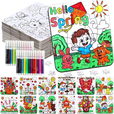 24Pcs Spring Crafts for Kids & Adults Bulk, Spring toddler Art and Craft DIY Puzzle Kits with Flower Butterfly Bee Bunny, Easter Jigsaw for School Classroom Activity April Party Favors & Gift Supplies