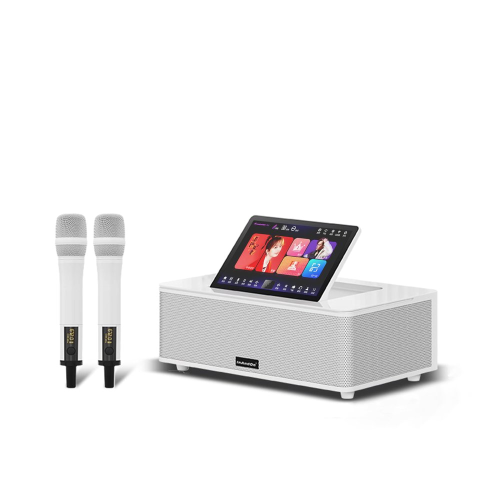 Inandonkod Karaoke Machine for Home, 10.1" 4K Touchscreen with Hi-Fi Sound, All*in*One KTV Jukebox, Built-in Multi-Language Songs & Supports YouTube, Wireless Microphones Included (White 1TB)