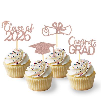 2026 Graduation Theme Cupcake Toppers Glitter Class of 2026 Graduation Cap Diploma Cupcake Picks - Set of 24 (Rose Gold2)